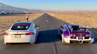 BUGATTI VEYRON VS TESLA MODEL S PERFORMANCE DRAG RACE The Stradman [upl. by Stulin]