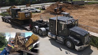 hauling CAT excavator RGN lowboy trucking  Kenworth with LOUD JAKES [upl. by Ahselat]