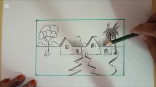 Beautiful village scenery drawing  Easy drawing step by step  Prakritik drishya drawing [upl. by Osnofedli]