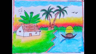 দৃশ্য আঁকা  Nature Drawing for Beginners Village Drawing  prakrutik drishya [upl. by Ahsiekel]