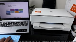 HP ENVY 6032E LEARN HOW TO CONNECT TO PC WITH USB CABLE SCAN PRINT AND SHARE TO EMAIL [upl. by Ijic]