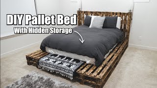 DIY Pallet Bed With Hidden Storage [upl. by Enixam]