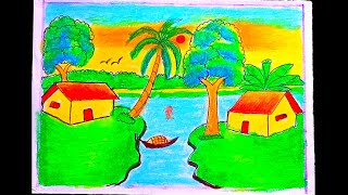 দৃশ্যআঁকা How To Draw Prakritik Drishya beautiful village scenery drawing tutorial [upl. by Ambrosius]