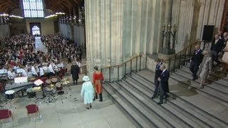 Royal trumpet fanfare as the Queen and her family arrive at Westminster Hall for lunch [upl. by Siuqram]