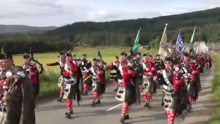 2016 Lonach and Atholl Highlanders march through Strathdon in the Cairngorms Scotland [upl. by Gabie767]