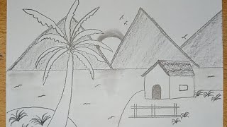 How to Draw Beautiful Village Scenery  Prakritik Drishya Drawing [upl. by Hedvige]