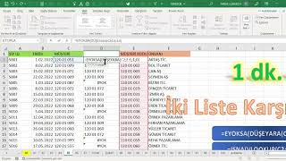 Excel 1 Dakika  İki Listeyi Karşılaştırma [upl. by Ziana]