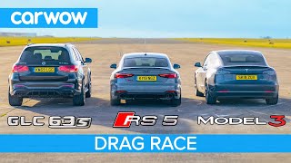 Tesla Model 3 vs Audi RS5 vs AMG GLC63 DRAG RACE surprise result [upl. by Cadel]