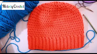 How to CROCHET a RIBBED BRIM BEANIE  Hat by Melody Crochet [upl. by Nylitsirk]