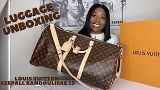 LOUIS VUITTON UNBOXING Keepall Bandouliere 55 Monogram  Louis Vuitton Luggage [upl. by Tristis]