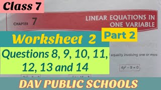 Dav maths class 7 chapter 7 Linear Equations in One variable Worksheet 2  Part 2 [upl. by Heid]