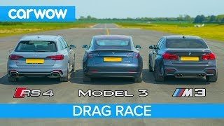 Tesla Model 3 P vs BMW M3 vs Audi RS4  DRAG RACE ROLLING RACE amp BRAKE TEST [upl. by Notnats]