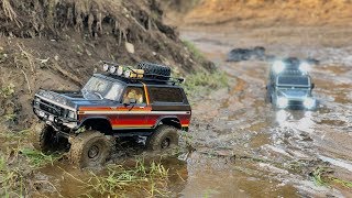 Traxxas TRX4 Ford Bronco and Defender long muddy trail [upl. by Ahse]