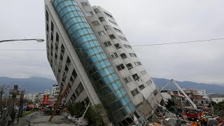 Taiwan earthquake leaves tall building on dangerous lean [upl. by Arval]