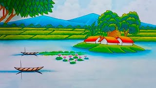 How to Draw Simple Village Scenery Drawing Prakritik Drishya  Beautiful Landscape Village Drawing [upl. by Spark]