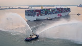 World’s largest container ship OOCL Hong Kongs maiden call at Port of Felixstowe [upl. by Sigfrid]