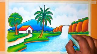 How to draw beautiful Mountain landscape  Prakritik Drishya drawing  Riverside Mountain Drawing [upl. by Bollinger734]