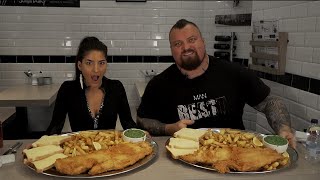 Food Challenge Vs Worlds Strongest Man EDDIE HALL  Fish n Chips  Fosters MaleVs Whale [upl. by Alios994]