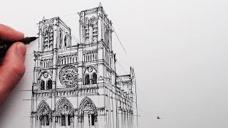 How to Draw Notre Dame Cathedral Buildings in Perspective [upl. by Aon]