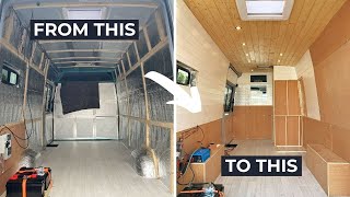 Wood Cladding Our Campervan Walls  DIY Sprinter Conversion [upl. by Anilas363]