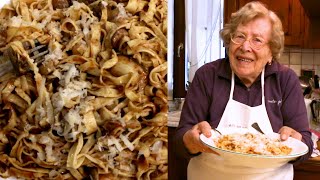 Pasta Grannies share 95 year old Rinas tajarin with porcini sauce [upl. by Girvin]