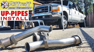 2001 F350 73  RiffRaff UpPipes Install  Stock up pipes leaking and falling apart JUNK SP [upl. by Mahtal]