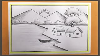 Scenery Drawing Tutorial  Village landscape Scenery Art  Pencil Drawing [upl. by Aisel]