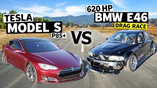 Electric vs V8 Tesla Model S drag races LSswapped BMW E46 [upl. by Nnaeitak954]