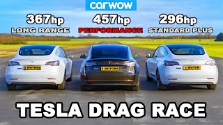 Tesla Model 3 DRAG RACE Performance v Long Range v Standard Plus [upl. by Aratahc977]