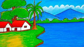 How to draw easy scenery drawing with oil pastel landscape village scenery drawing step by step [upl. by Ximena]