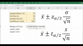 Confidence Interval for mean in Excel z amp t summary values [upl. by Odlopoel]