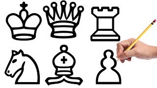 How to draw Chess Pieces Pawn Bishop Rook King Queen Knight [upl. by Annaid]