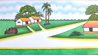 How to Draw Village House Scenery Drawing Oil Pastel  Prakritik Drishya Drawing  Village Scenery [upl. by Lance901]