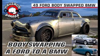 Body Swapping the Ford to the BMW in under 10 minutes  1949 FordBMW chassis swap [upl. by Asert574]