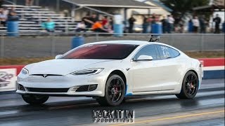 Muscle Cars Struggle to Take Down Tesla P100D at the Dragstrip [upl. by Nylhsa]