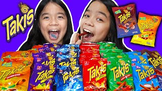 EATING TAKIS SPICY CHIPS 7 FLAVORS Taste amp Rate  Tran Twins [upl. by Atinihc]