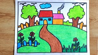 how to draw natural scenery with oil pastels easy  prakritik drishya drawing easy and beautiful [upl. by Refotsirk]